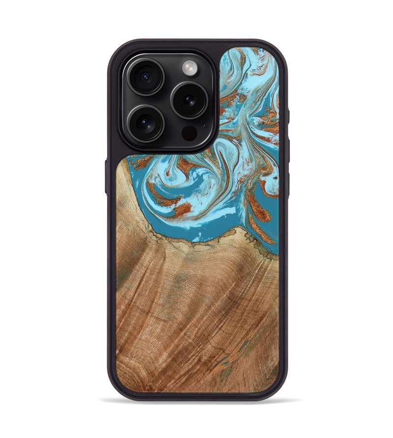 iPhone 15 Pro Wood Phone Case - Devyn (Teal & Gold, 795731)
