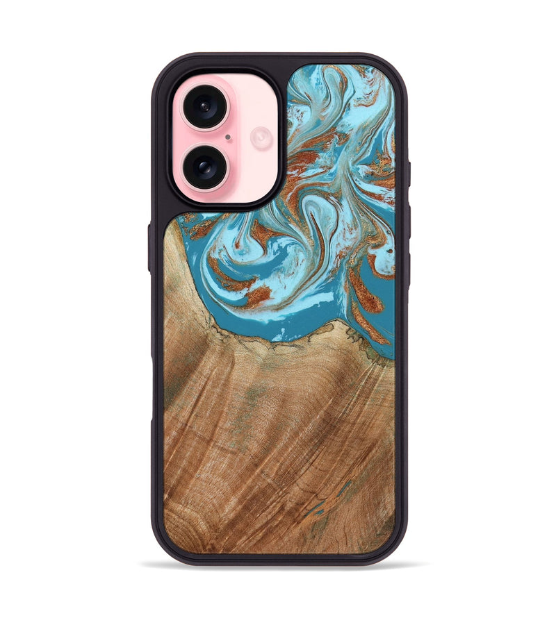 iPhone 16 Wood Phone Case - Devyn (Teal & Gold, 795731)