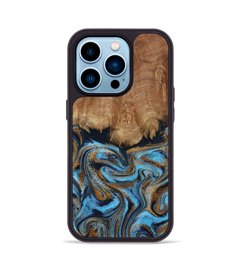 iPhone 14 Pro Wood Phone Case - Brandie (Teal & Gold, 796003)