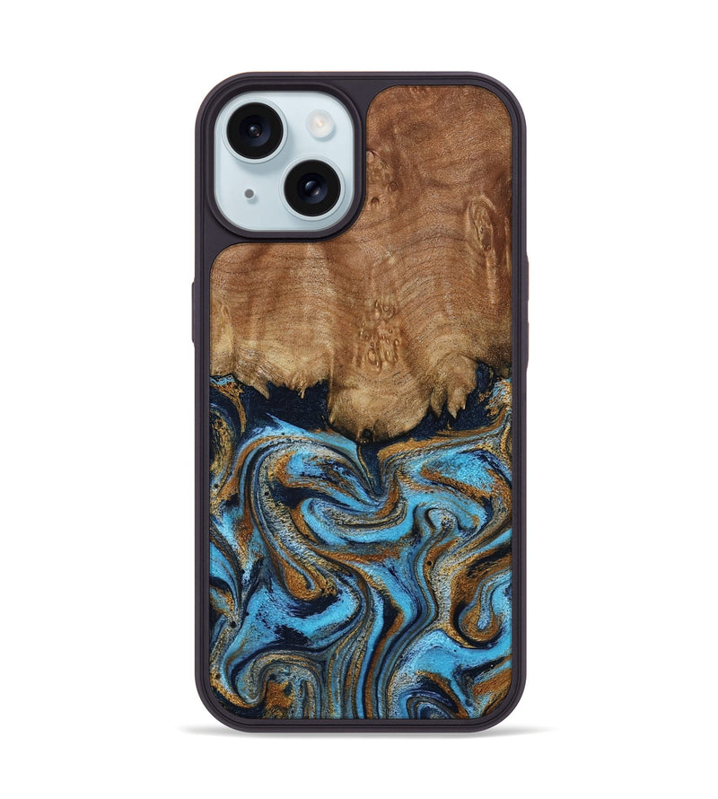 iPhone 15 Wood Phone Case - Brandie (Teal & Gold, 796003)