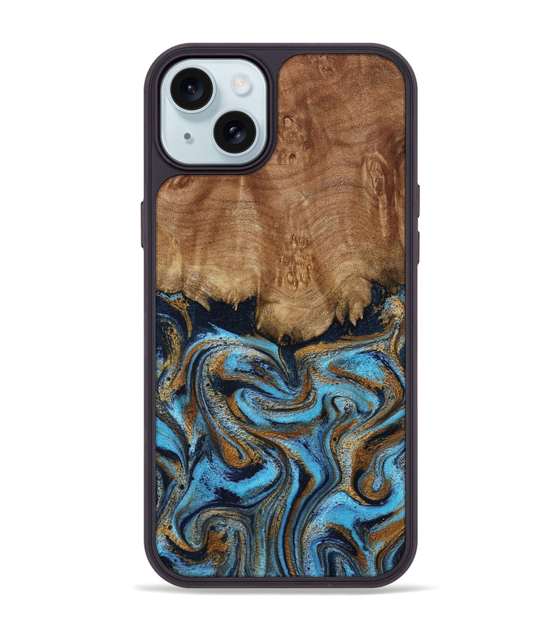 iPhone 15 Plus Wood Phone Case - Brandie (Teal & Gold, 796003)