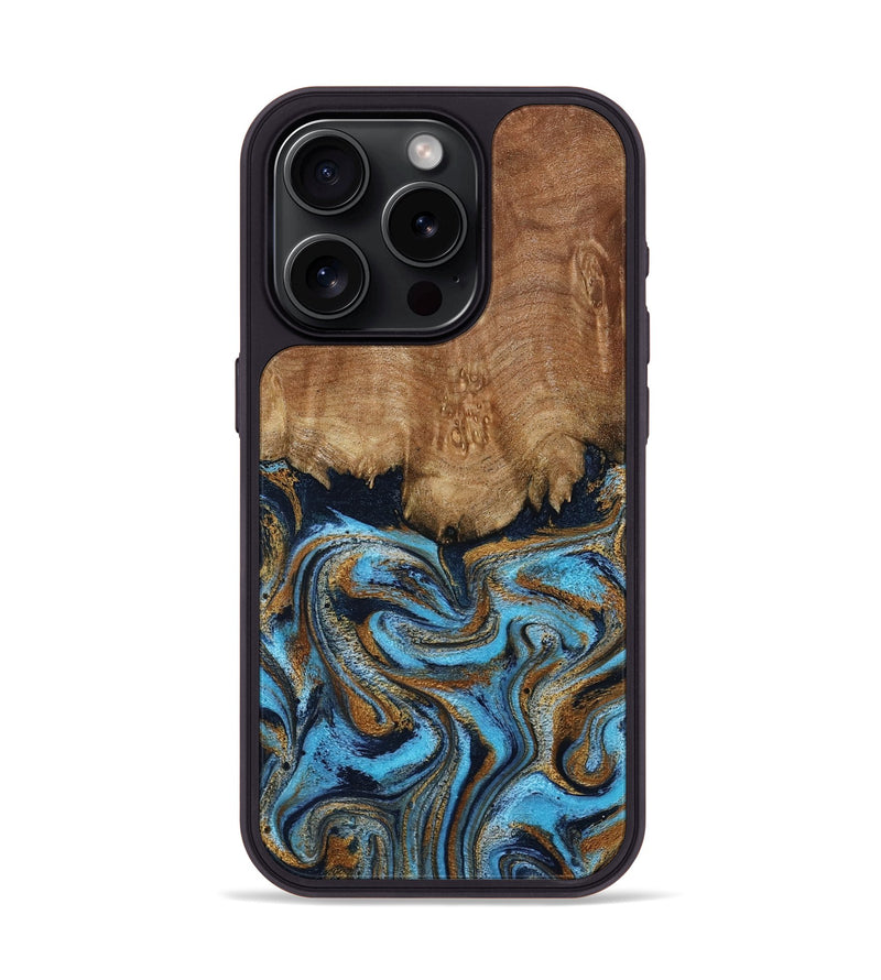 iPhone 15 Pro Wood Phone Case - Brandie (Teal & Gold, 796003)