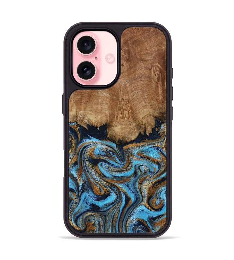 iPhone 16 Wood Phone Case - Brandie (Teal & Gold, 796003)