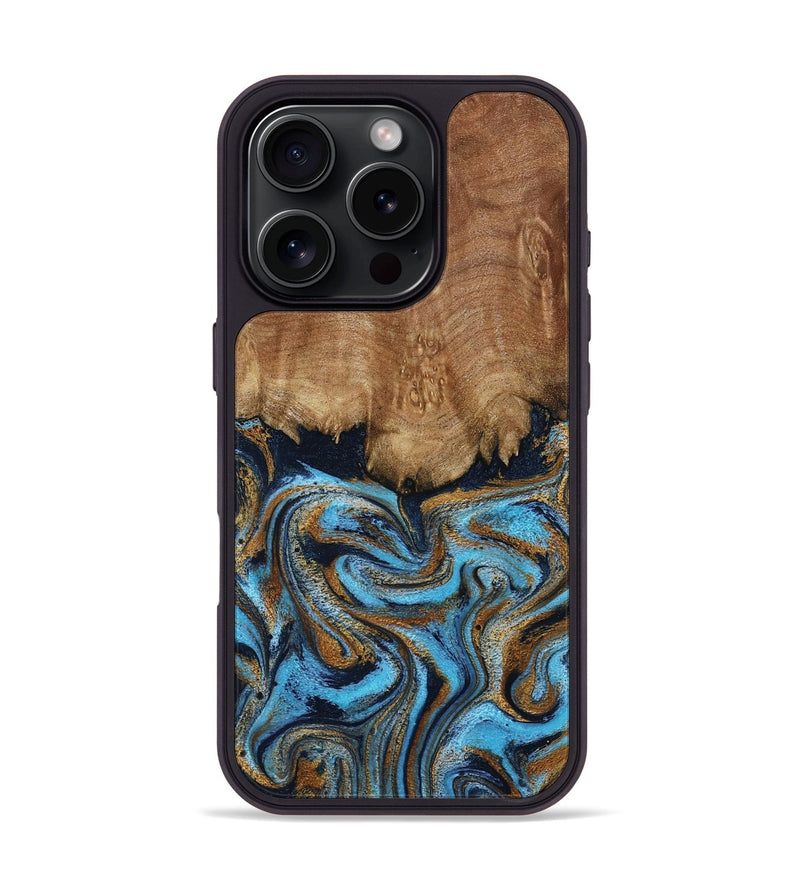 iPhone 16 Pro Wood Phone Case - Brandie (Teal & Gold, 796003)