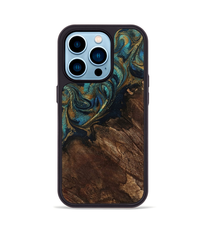 iPhone 14 Pro Wood Phone Case - Earlene (Teal & Gold, 796006)