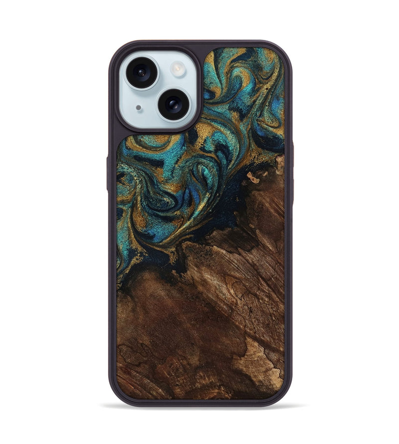 iPhone 15 Wood Phone Case - Earlene (Teal & Gold, 796006)