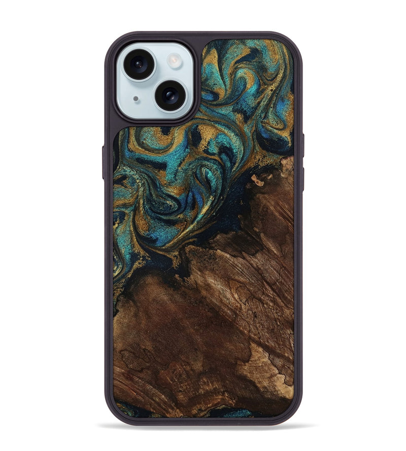 iPhone 15 Plus Wood Phone Case - Earlene (Teal & Gold, 796006)