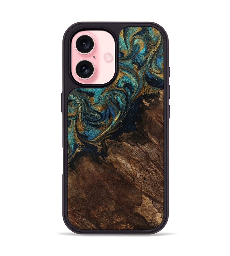 iPhone 16 Wood Phone Case - Earlene (Teal & Gold, 796006)