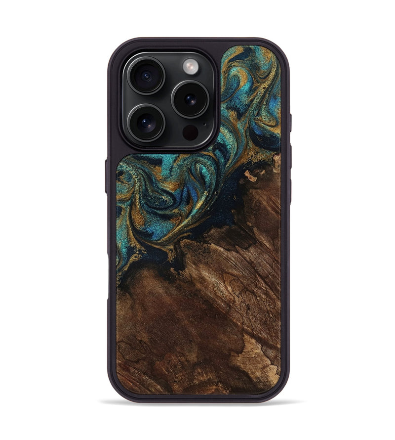 iPhone 16 Pro Wood Phone Case - Earlene (Teal & Gold, 796006)