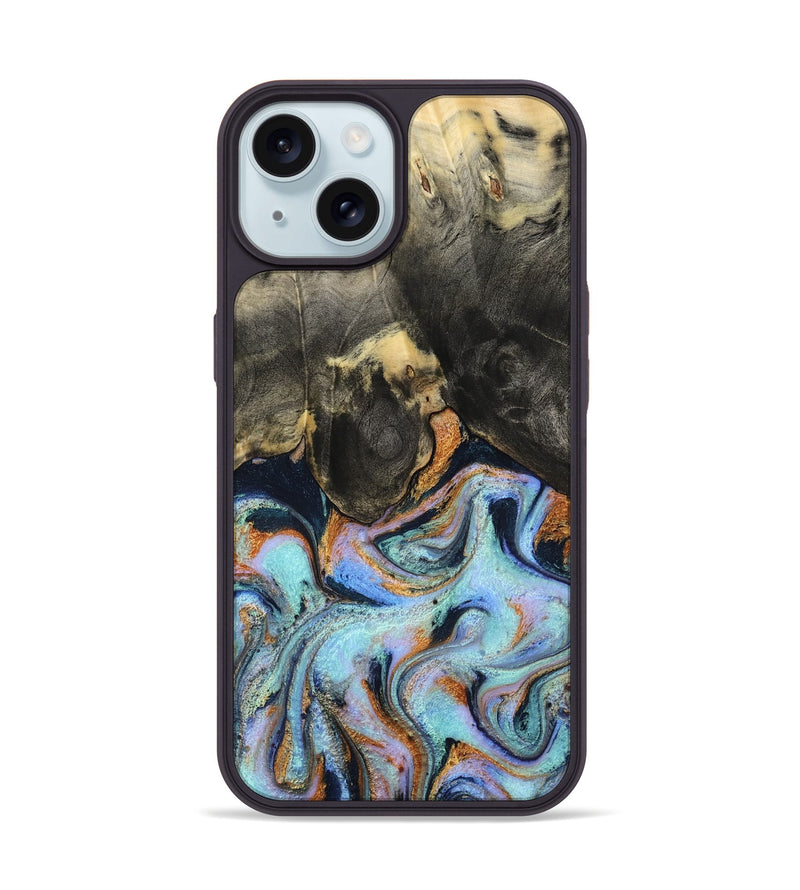 iPhone 15 Wood Phone Case - Stan (Teal & Gold, 796031)