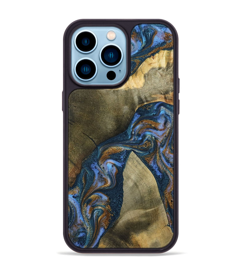 iPhone 14 Pro Max Wood Phone Case - Jeanne (Teal & Gold, 796488)