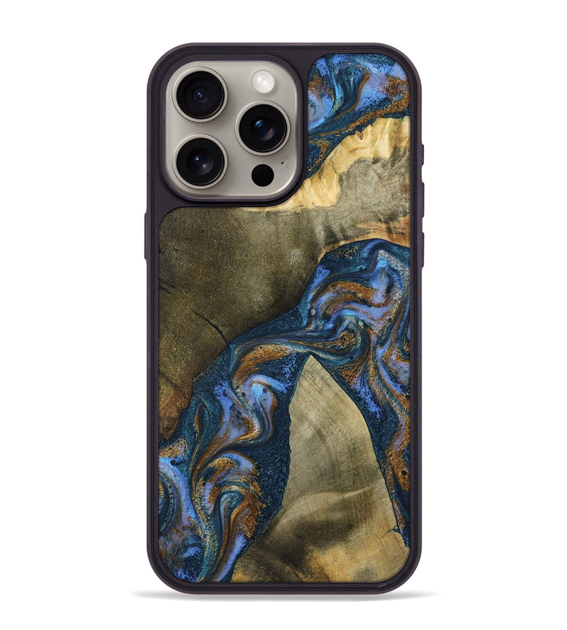 iPhone 15 Pro Max Wood Phone Case - Jeanne (Teal & Gold, 796488)