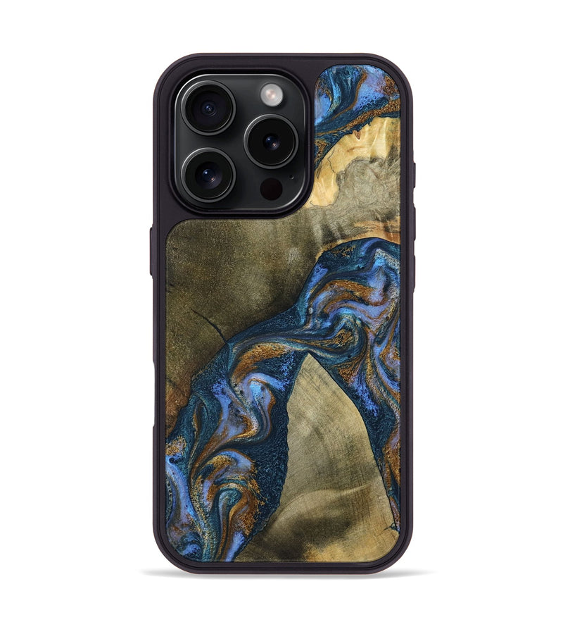 iPhone 16 Pro Wood Phone Case - Jeanne (Teal & Gold, 796488)