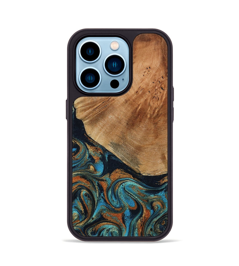 iPhone 14 Pro Wood Phone Case - Yusuf (Teal & Gold, 796523)