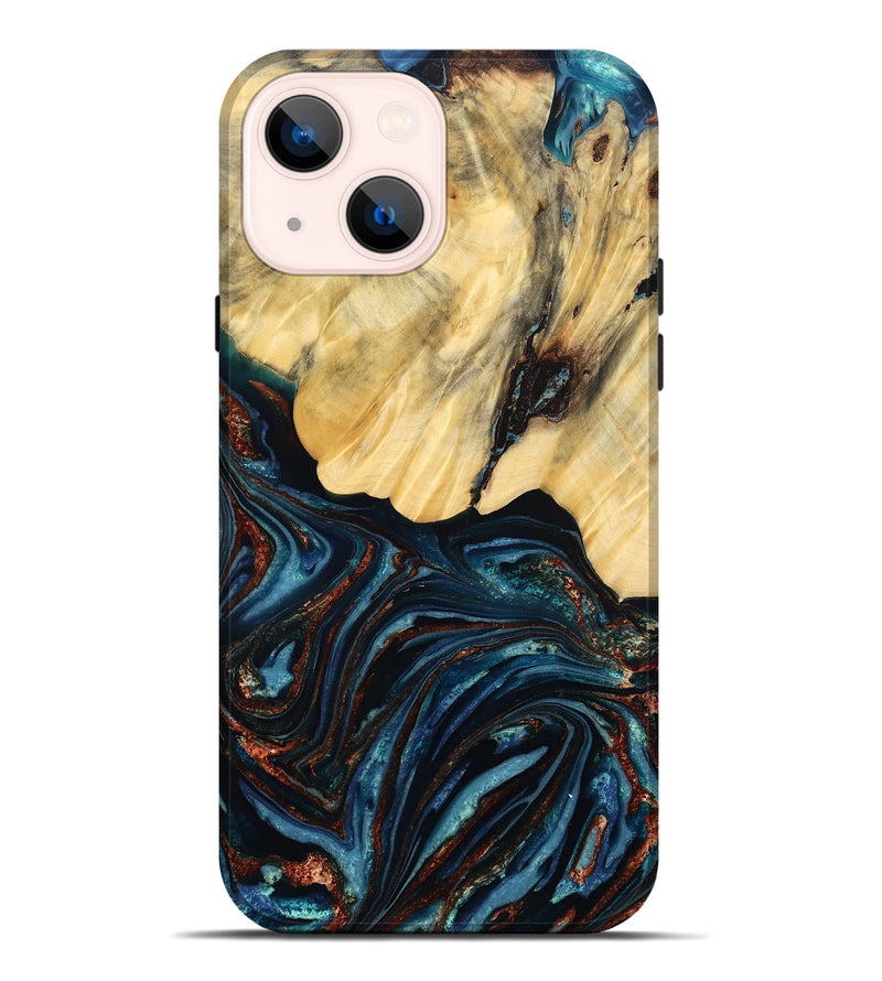 iPhone 14 Plus Wood Live Edge Phone Case - Chelsey (Teal & Gold, 796827)