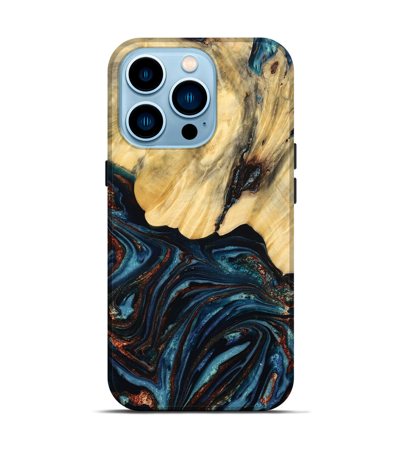 iPhone 14 Pro Wood Live Edge Phone Case - Chelsey (Teal & Gold, 796827)