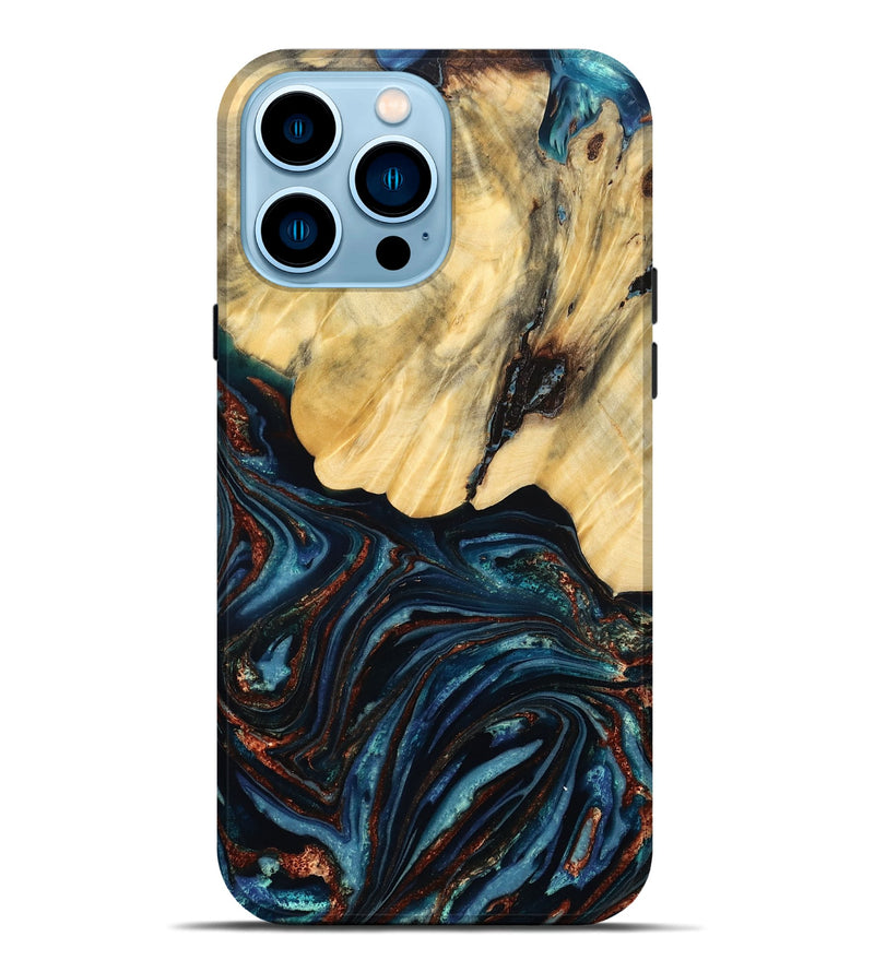 iPhone 14 Pro Max Wood Live Edge Phone Case - Chelsey (Teal & Gold, 796827)