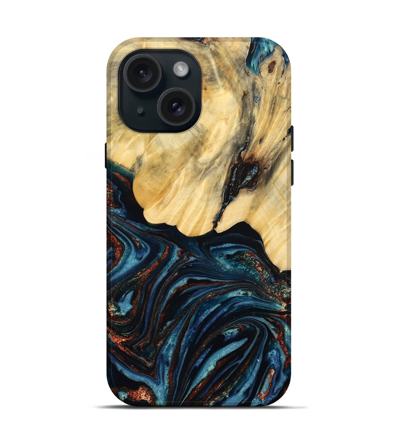 iPhone 15 Wood Live Edge Phone Case - Chelsey (Teal & Gold, 796827)