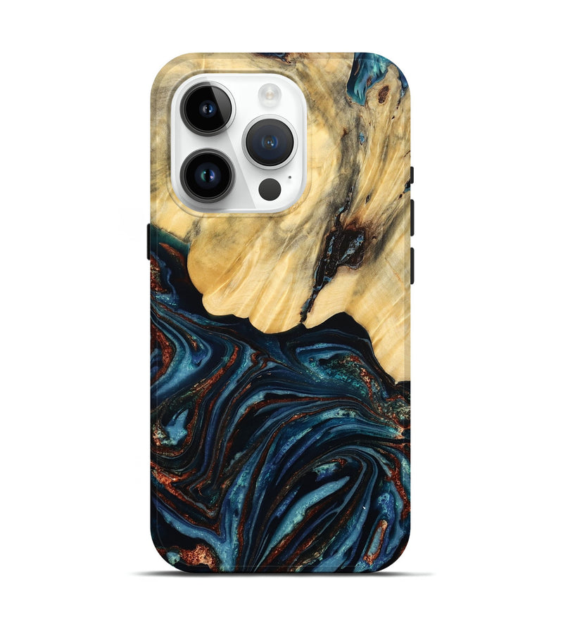 iPhone 15 Pro Wood Live Edge Phone Case - Chelsey (Teal & Gold, 796827)