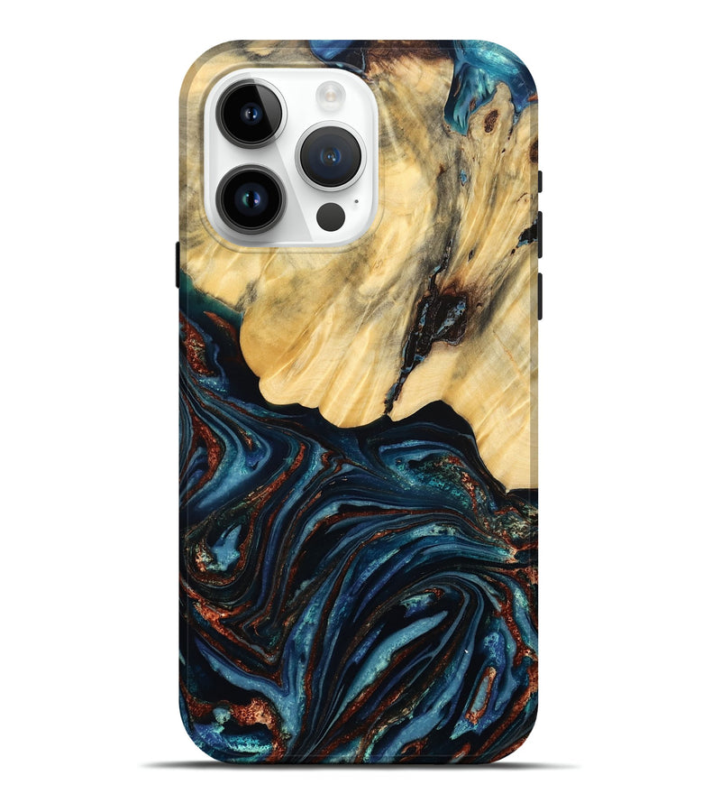 iPhone 15 Pro Max Wood Live Edge Phone Case - Chelsey (Teal & Gold, 796827)