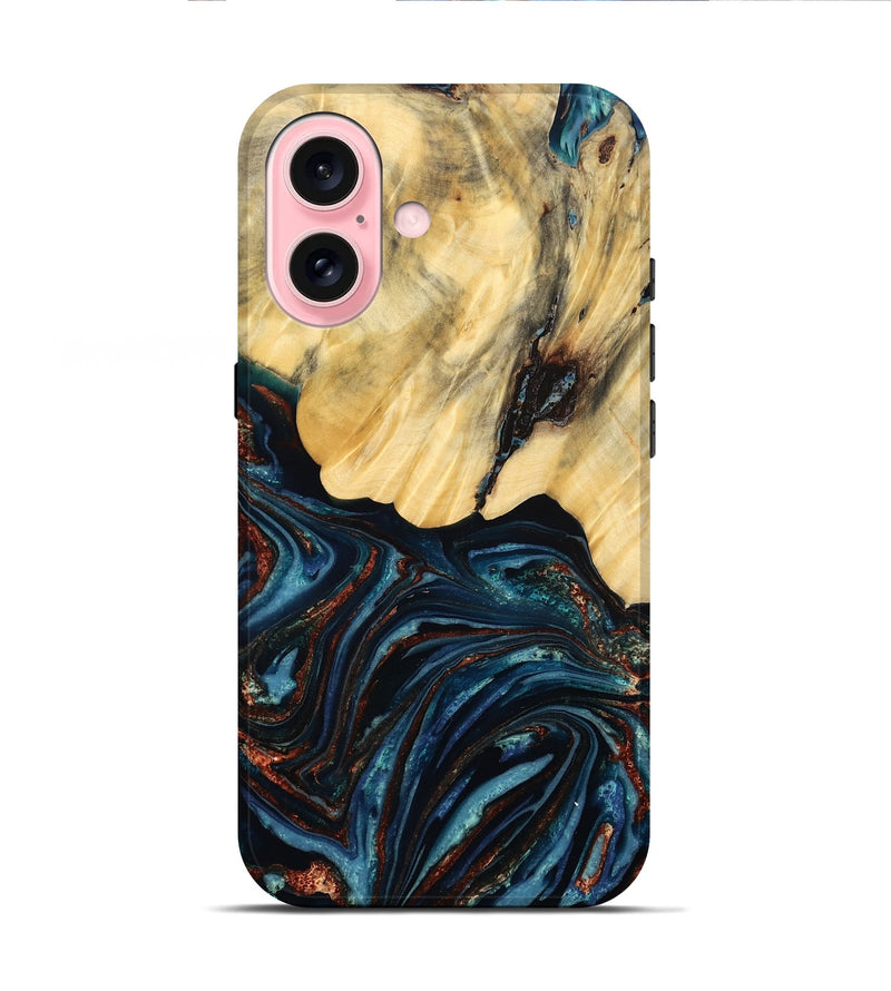 iPhone 16 Wood Live Edge Phone Case - Chelsey (Teal & Gold, 796827)