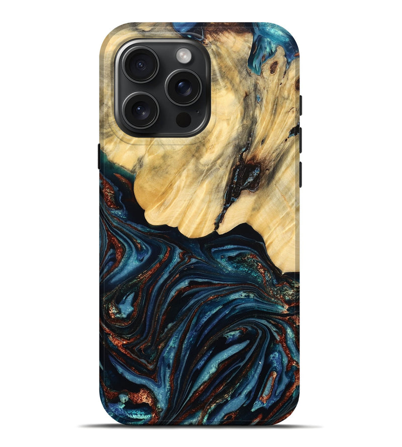 iPhone 16 Pro Max Wood Live Edge Phone Case - Chelsey (Teal & Gold, 796827)