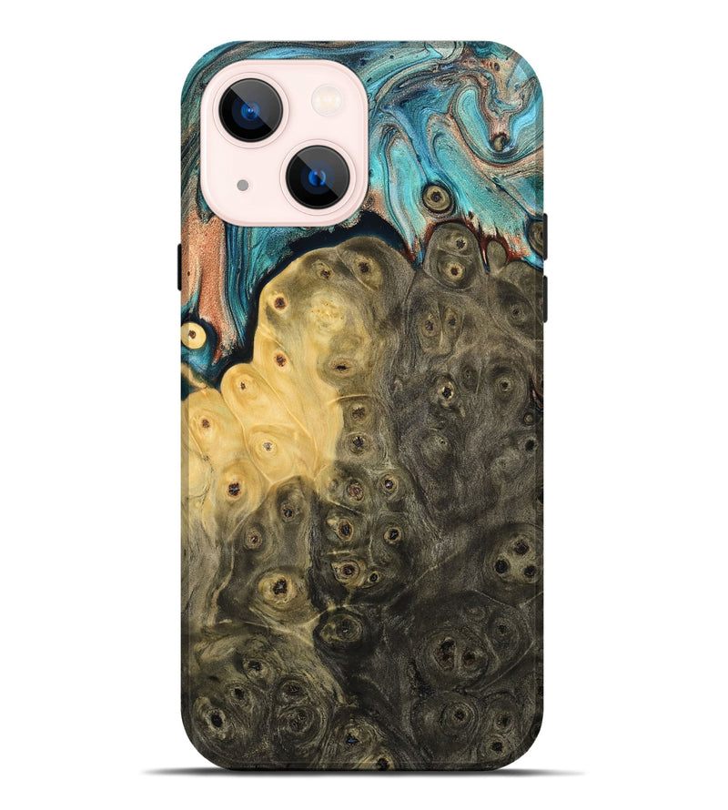 iPhone 14 Plus Wood Live Edge Phone Case - Rhys (Teal & Gold, 796834)