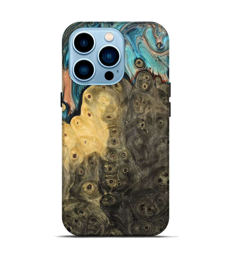 iPhone 14 Pro Wood Live Edge Phone Case - Rhys (Teal & Gold, 796834)