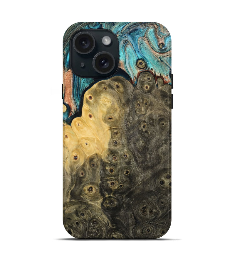 iPhone 15 Wood Live Edge Phone Case - Rhys (Teal & Gold, 796834)