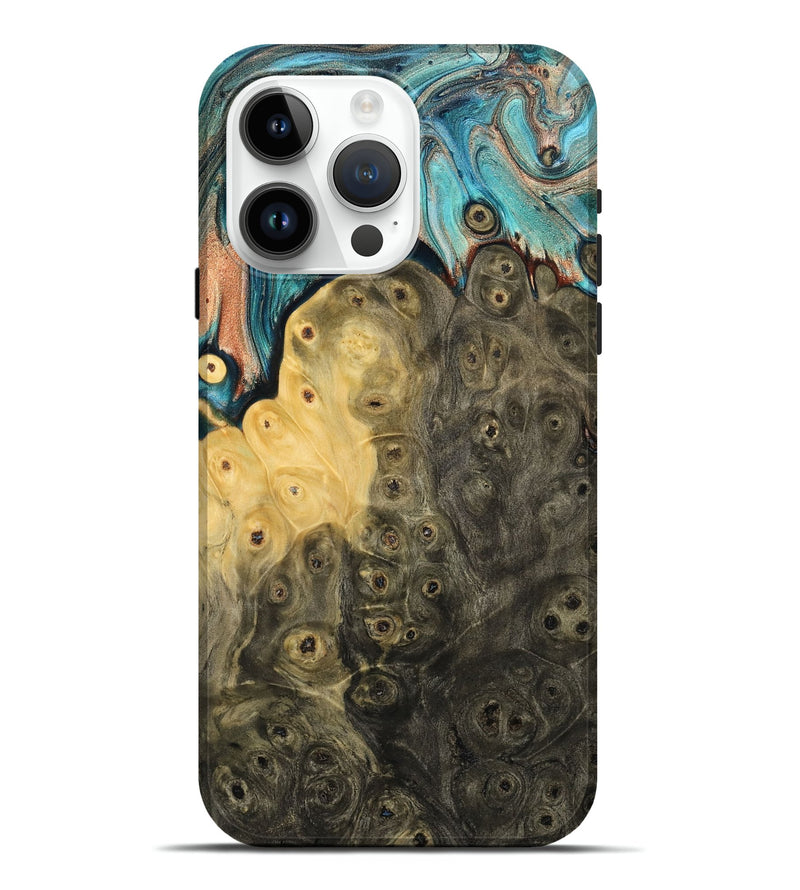 iPhone 15 Pro Max Wood Live Edge Phone Case - Rhys (Teal & Gold, 796834)