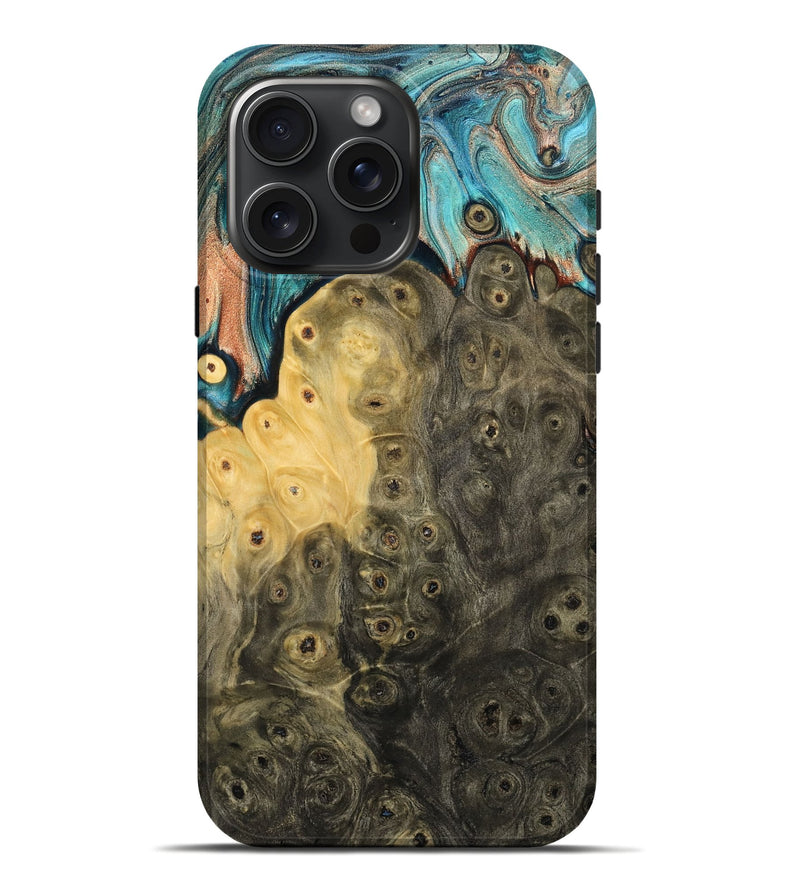 iPhone 16 Pro Max Wood Live Edge Phone Case - Rhys (Teal & Gold, 796834)