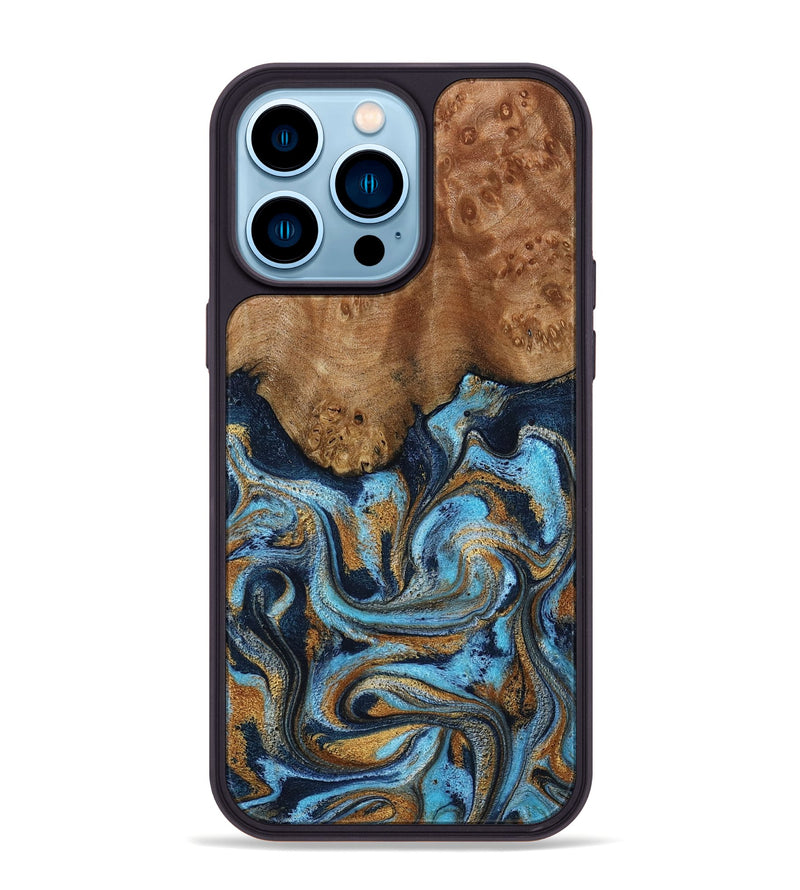 iPhone 14 Pro Max Wood Phone Case - Jesica (Teal & Gold, 796973)