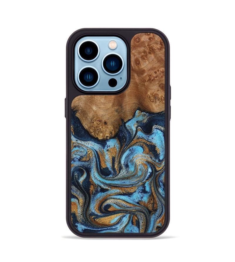 iPhone 14 Pro Wood Phone Case - Jesica (Teal & Gold, 796973)