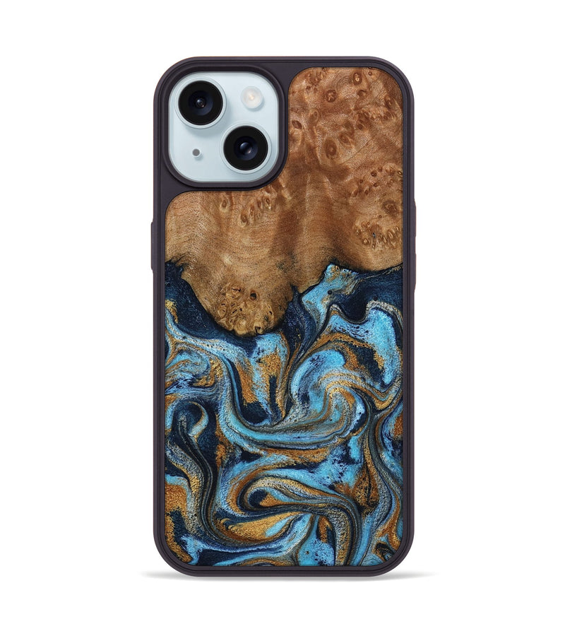 iPhone 15 Wood Phone Case - Jesica (Teal & Gold, 796973)