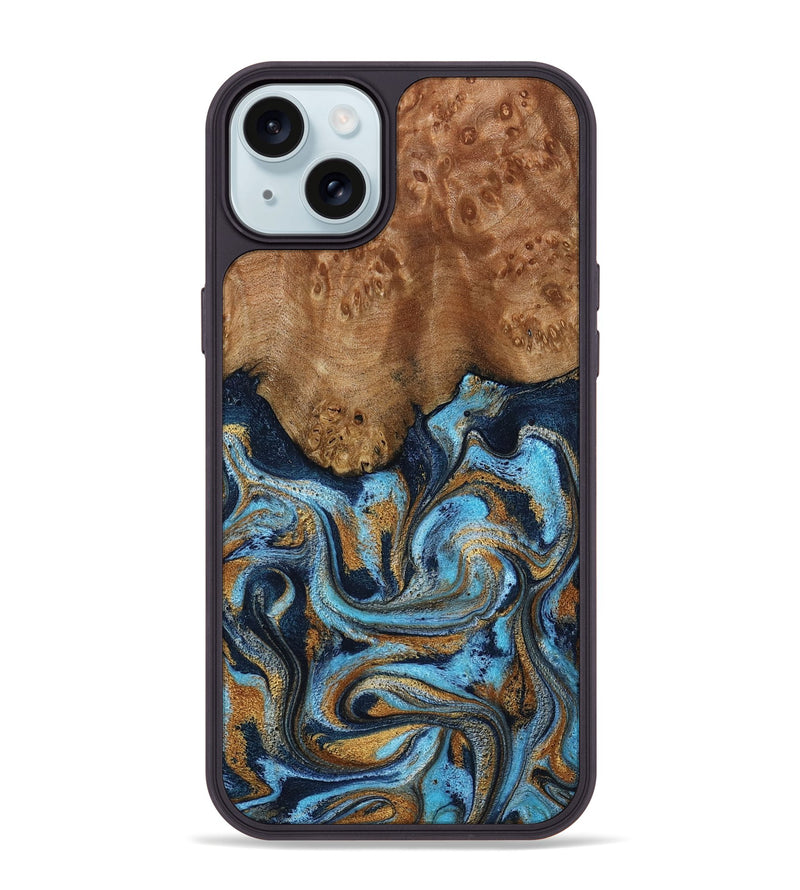 iPhone 15 Plus Wood Phone Case - Jesica (Teal & Gold, 796973)