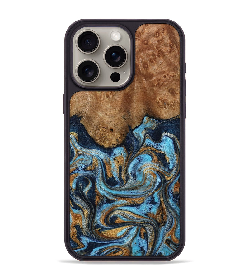iPhone 15 Pro Max Wood Phone Case - Jesica (Teal & Gold, 796973)