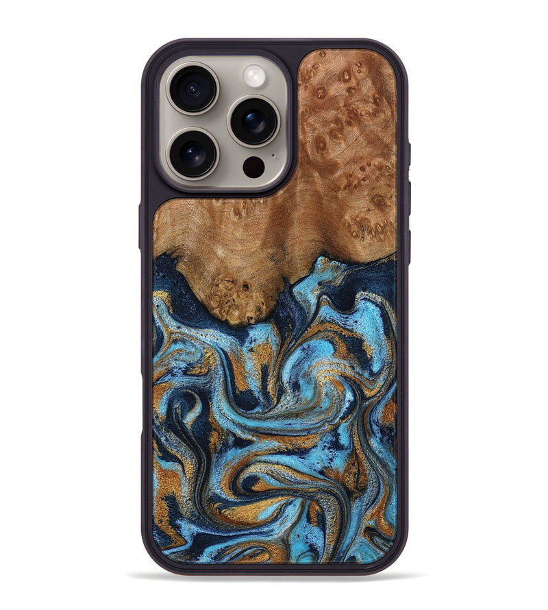 iPhone 16 Pro Max Wood Phone Case - Jesica (Teal & Gold, 796973)