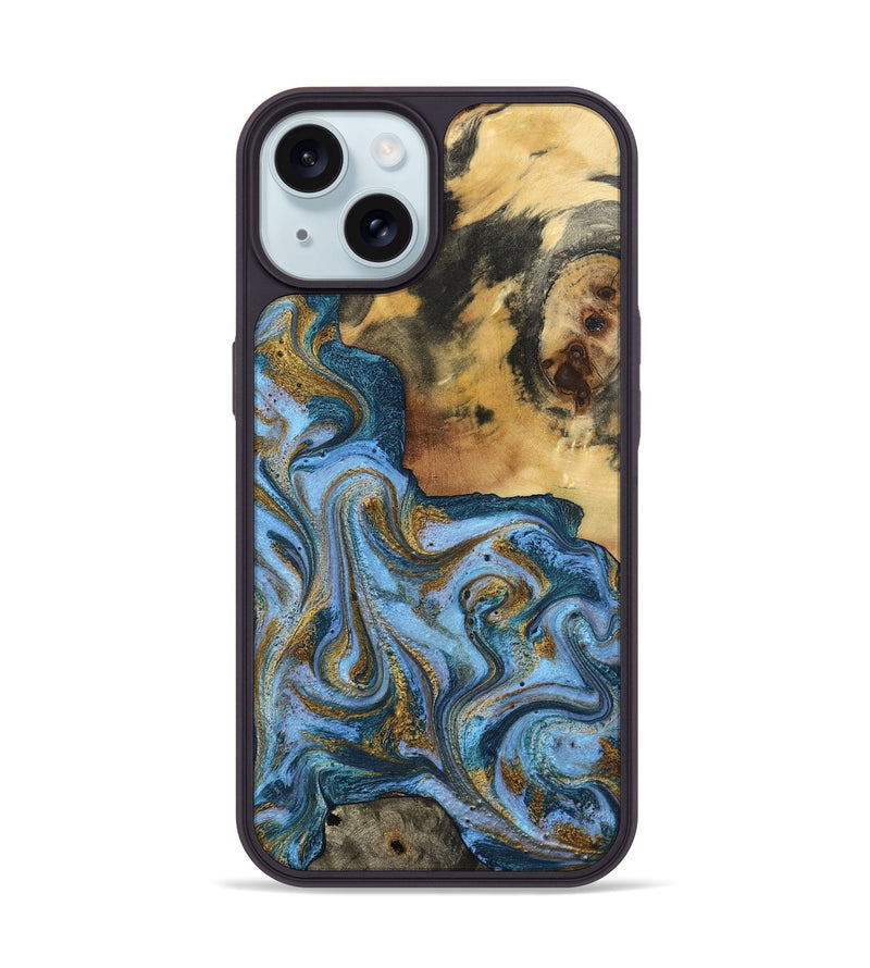 iPhone 15 Wood Phone Case - Alisson (Teal & Gold, 797050)