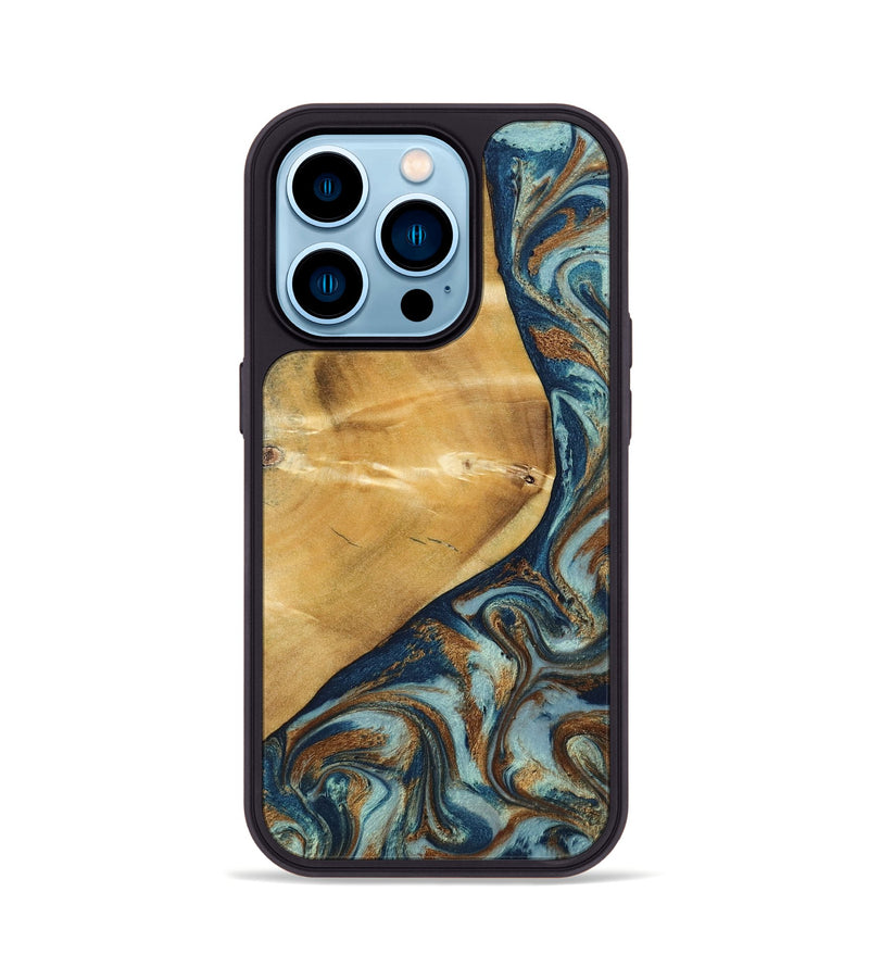 iPhone 14 Pro Wood Phone Case - Ephriam (Teal & Gold, 797318)