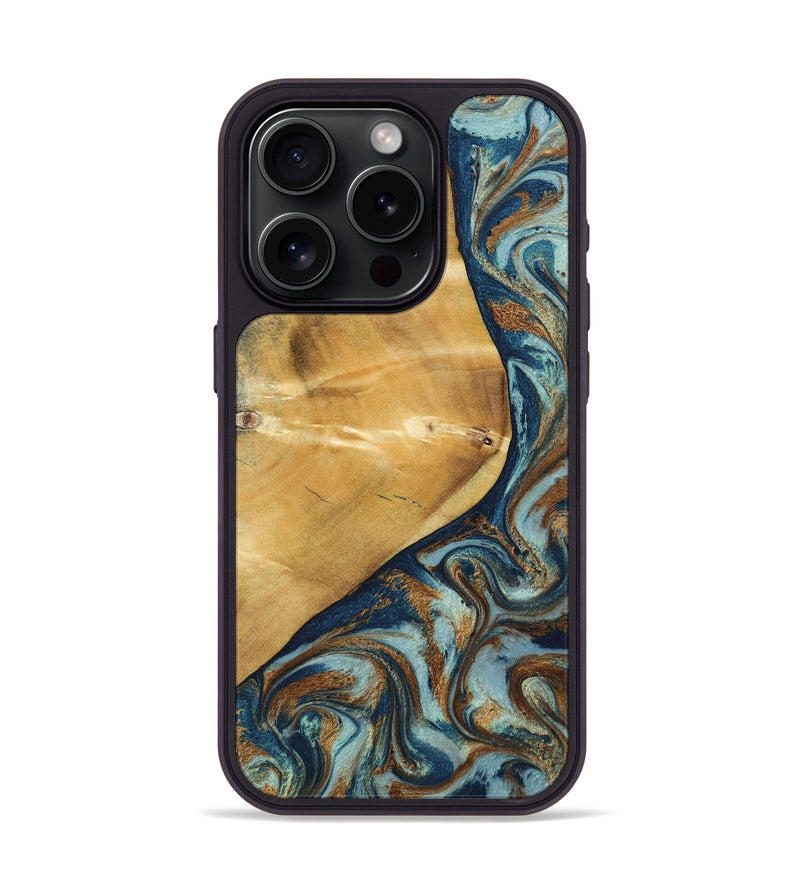 iPhone 15 Pro Wood Phone Case - Ephriam (Teal & Gold, 797318)