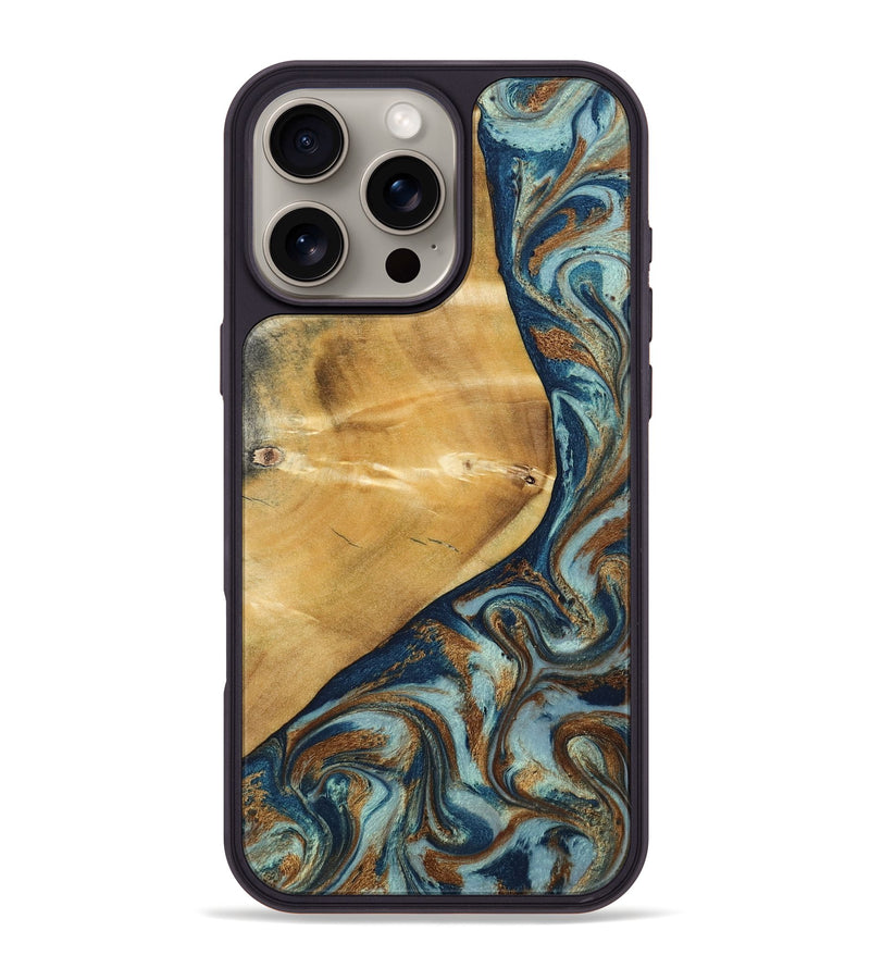 iPhone 16 Pro Max Wood Phone Case - Ephriam (Teal & Gold, 797318)