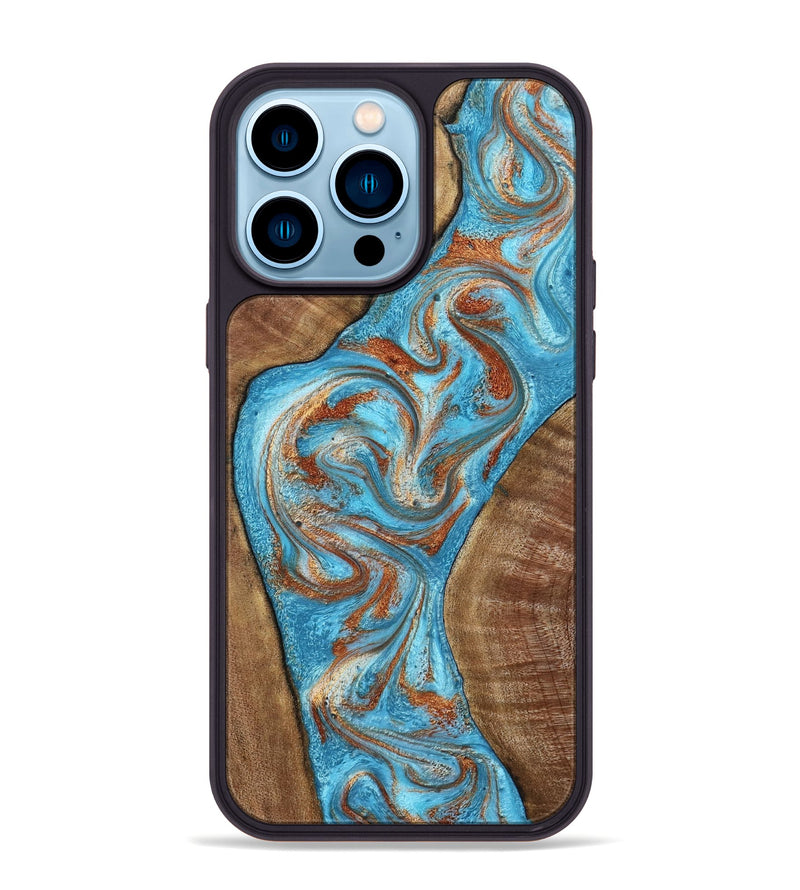 iPhone 14 Pro Max Wood Phone Case - Janay (Teal & Gold, 797321)