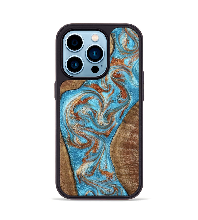 iPhone 14 Pro Wood Phone Case - Janay (Teal & Gold, 797321)