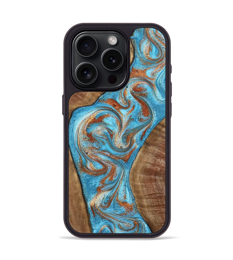 iPhone 15 Pro Wood Phone Case - Janay (Teal & Gold, 797321)