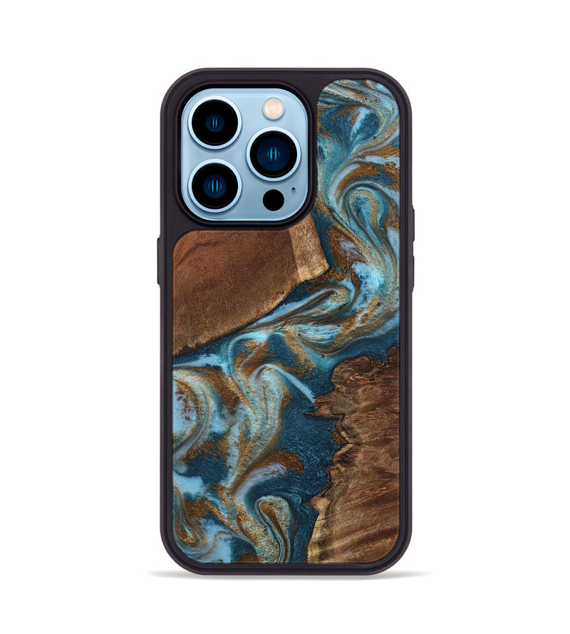 iPhone 14 Pro Wood Phone Case - Charli (Teal & Gold, 798167)