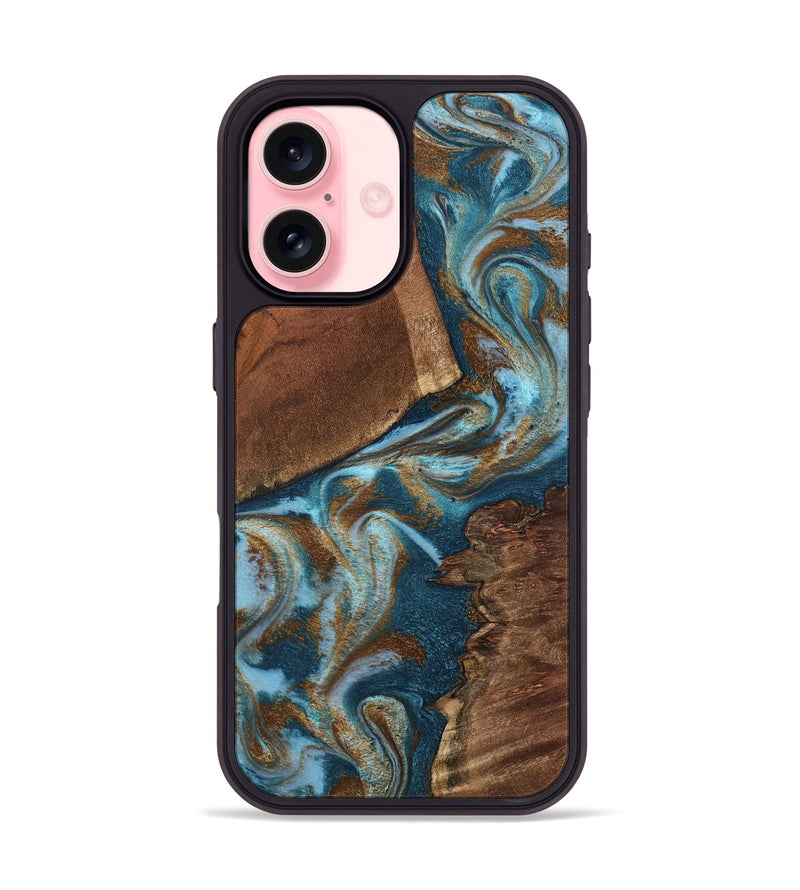 iPhone 16 Wood Phone Case - Charli (Teal & Gold, 798167)