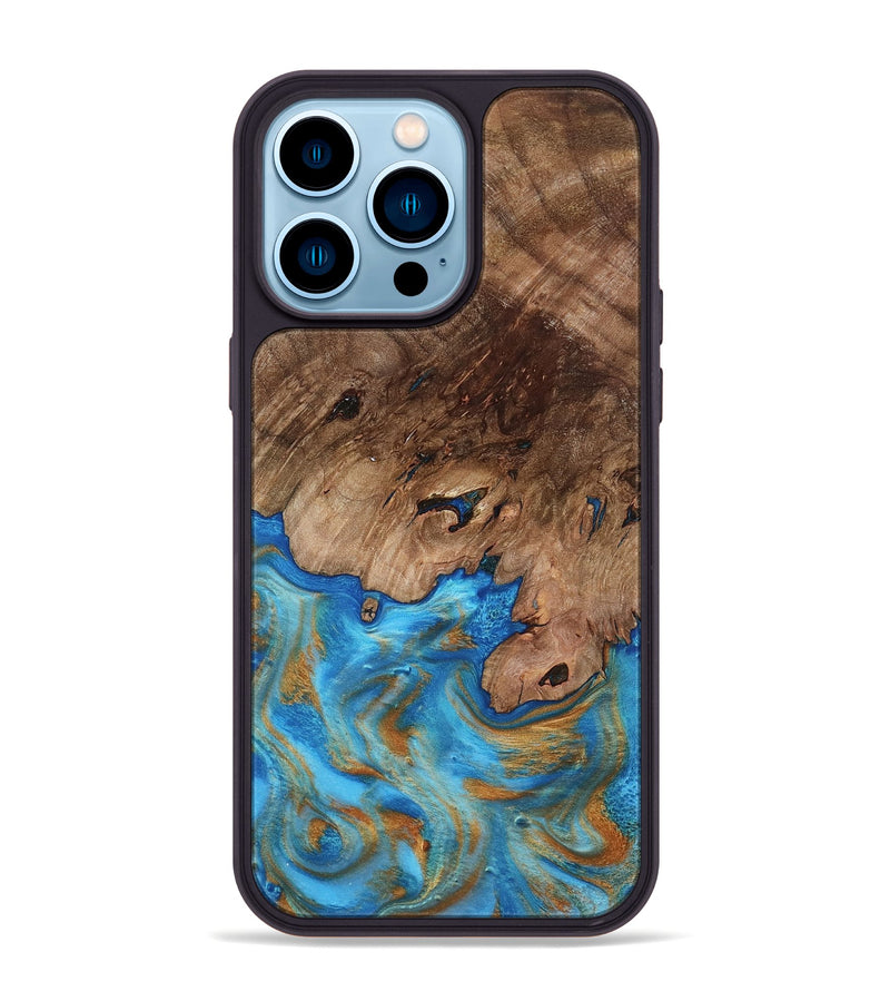 iPhone 14 Pro Max Wood Phone Case - Bell (Teal & Gold, 798188)