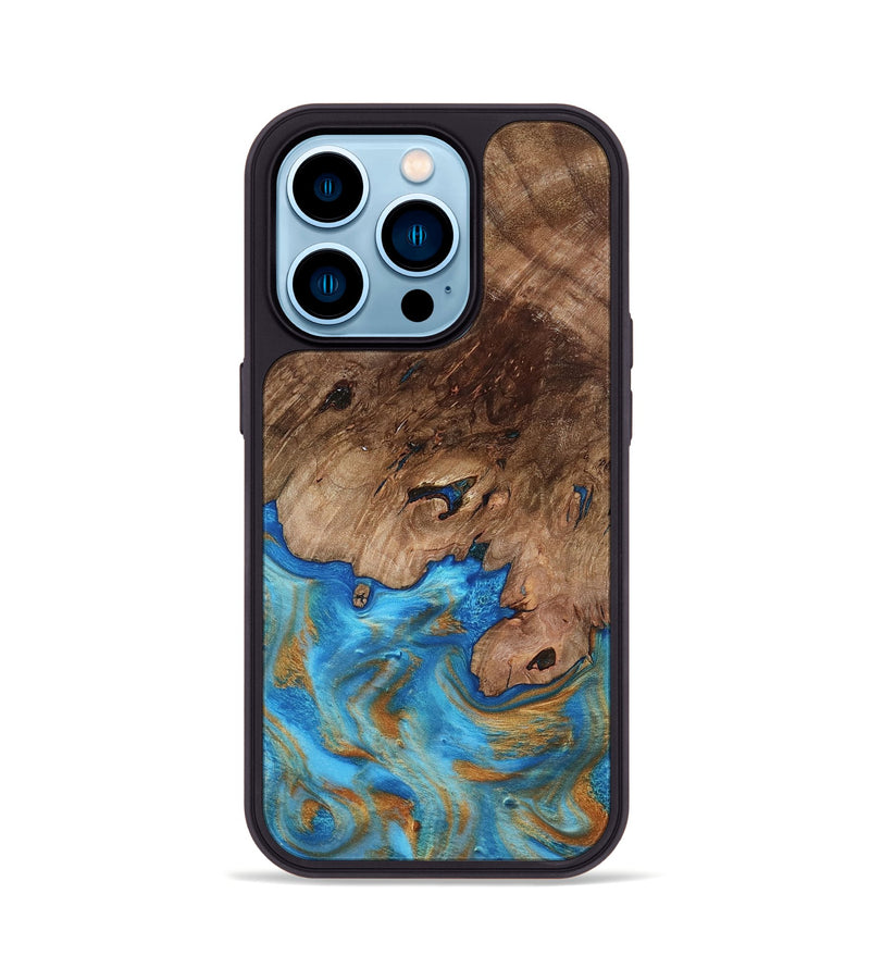 iPhone 14 Pro Wood Phone Case - Bell (Teal & Gold, 798188)