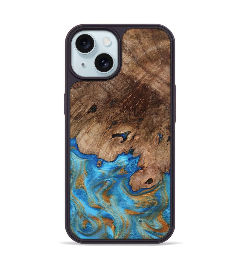 iPhone 15 Wood Phone Case - Bell (Teal & Gold, 798188)