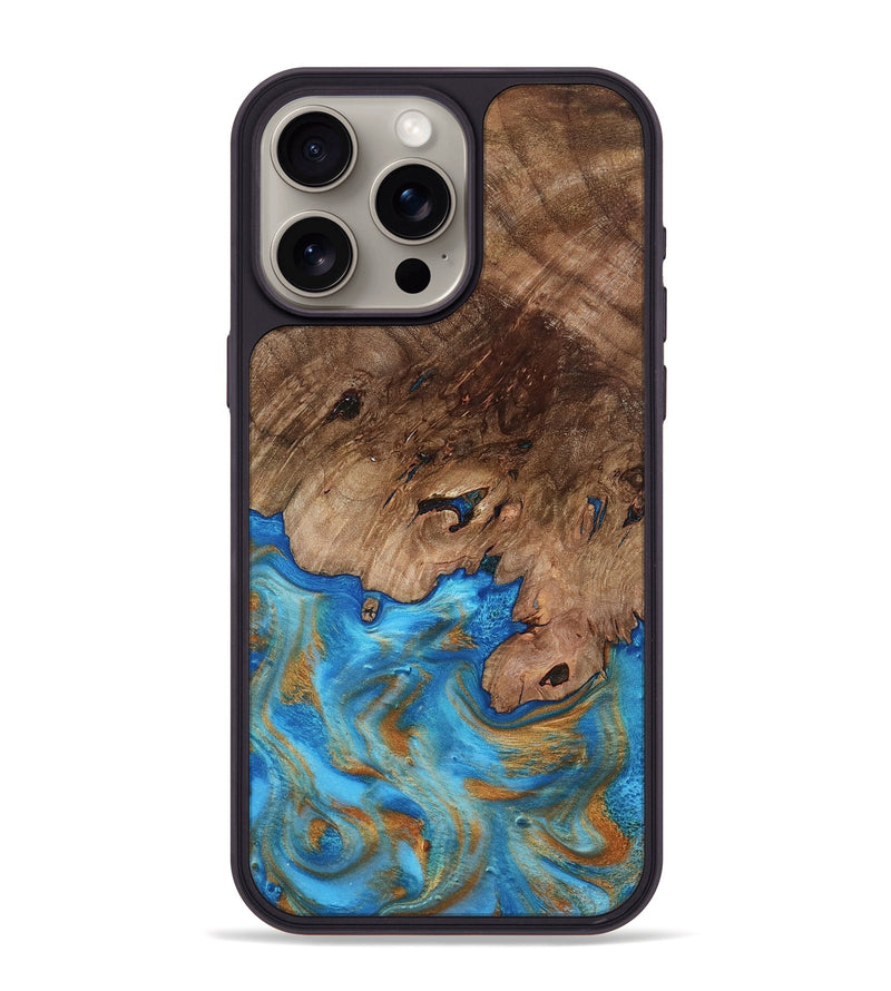 iPhone 15 Pro Max Wood Phone Case - Bell (Teal & Gold, 798188)